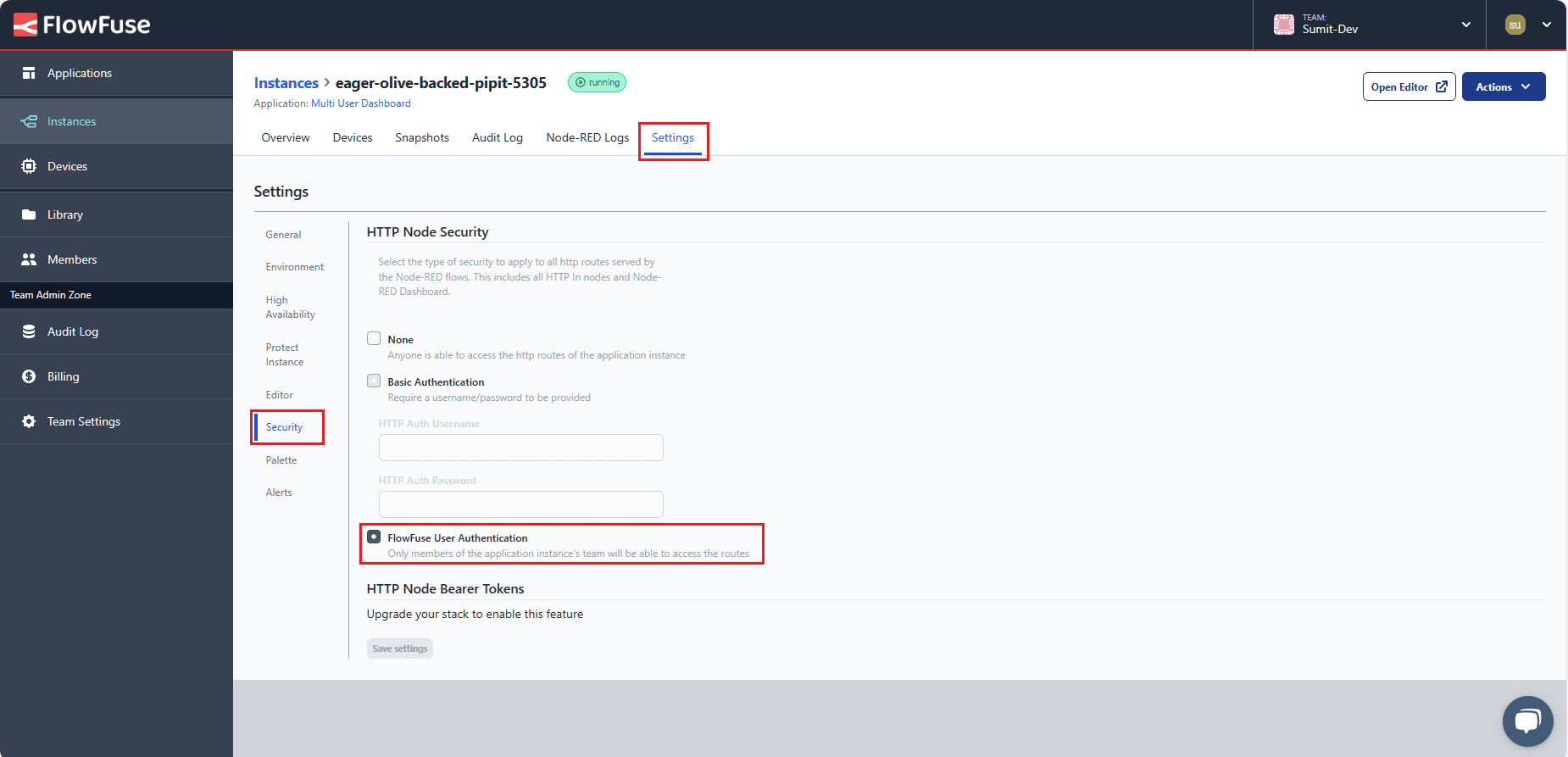 Screenshot: the Security tab in instance settings with FlowFuse User Authentication enabled