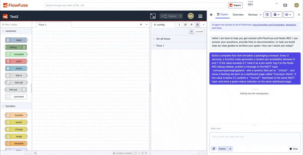 FlowFuse Expert assembling an application on the Node-RED workspace from a chat prompt